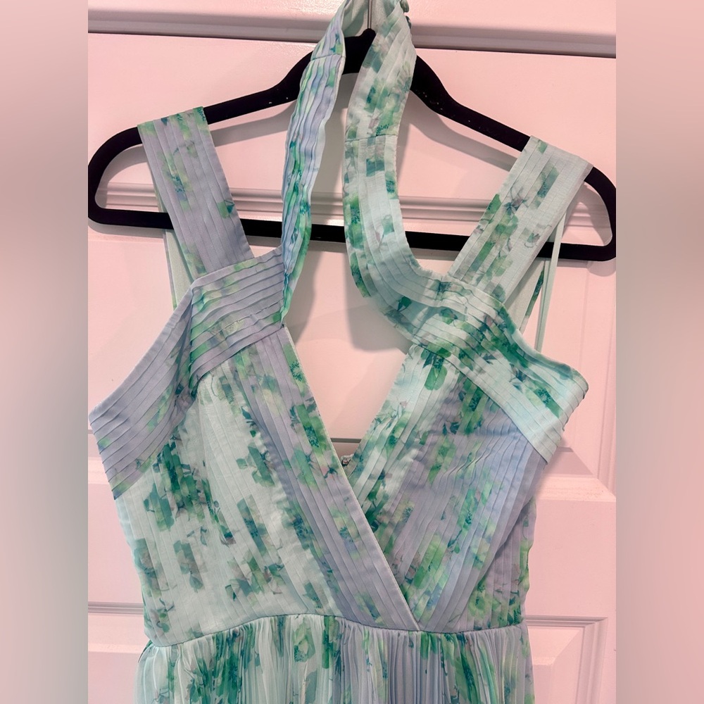 THEIA Pleated Chiffon Dress Blue Green Watercolor Halter Midi 4 Wedding Guest - Picture 2 of 15